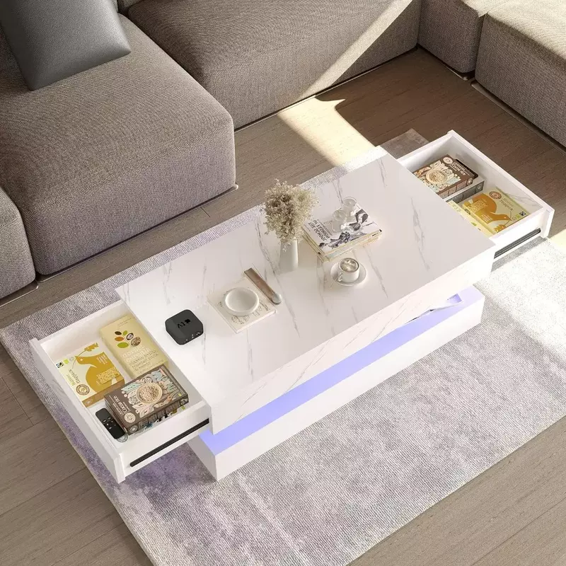 Meja kopi LED dengan 2 laci penyimpanan, meja kopi putih mengkilap tinggi dengan 20 warna lampu LED, Meja tengah persegi panjang 2 tingkat