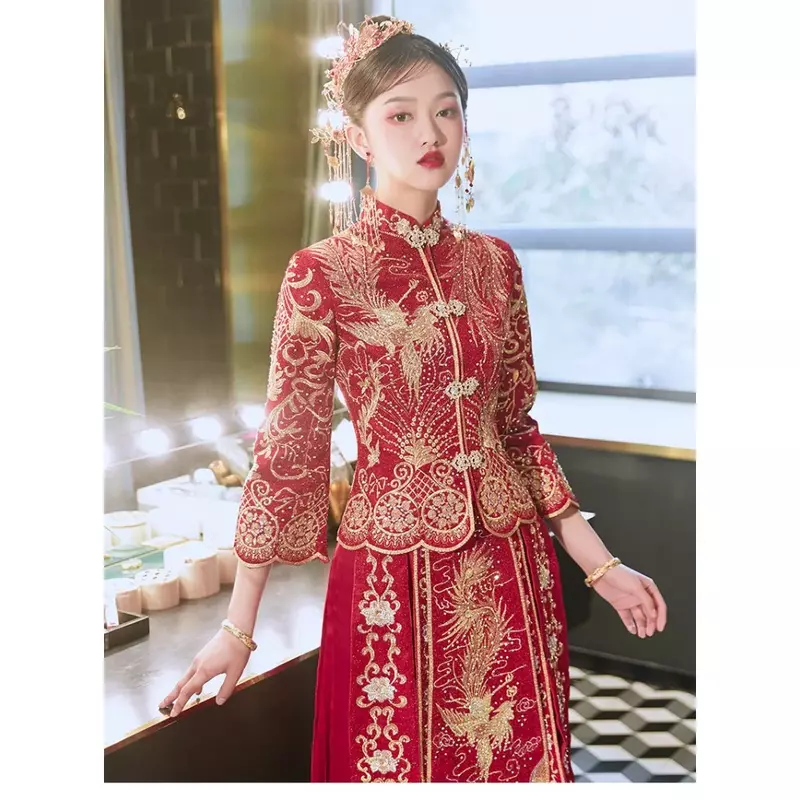 Vestido de novia bordado chino tradicional de alta calidad, vestido de novia plisado rojo, ropa Xiuhe, Retro, refinado, elegante, matrimonio, Cheongsam