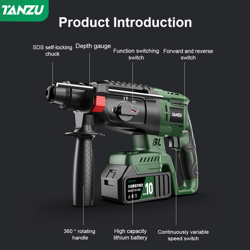 Brushless Electric Hammer 21V Impact Drill Cordless Drill Multifunction Rotary Rechargeable Li-ion Battery Power Tools Tanzu