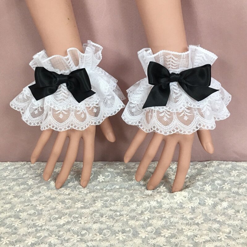 Women Lolita Hand Sleeve Wrist Cuffs Ruffled Lace Bowknot Maid Cosplay Bracelet