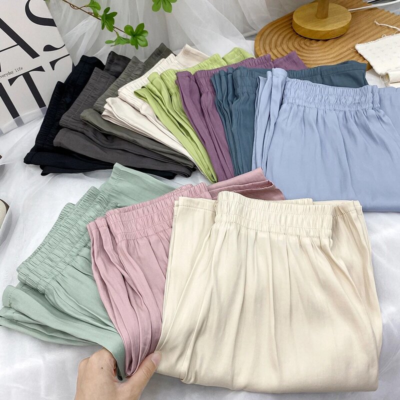 Women's Summer Thin Wide Leg Pants Lady Casual Solid Color High Waist Cool Loose Straight Pants