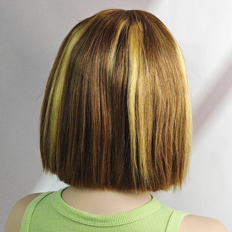 Peruca curta reta Bob, cabelo brasileiro pré-arrancado, densidade de 180%, P4-27 Color, perucas de cabelo humano, laço 2x6