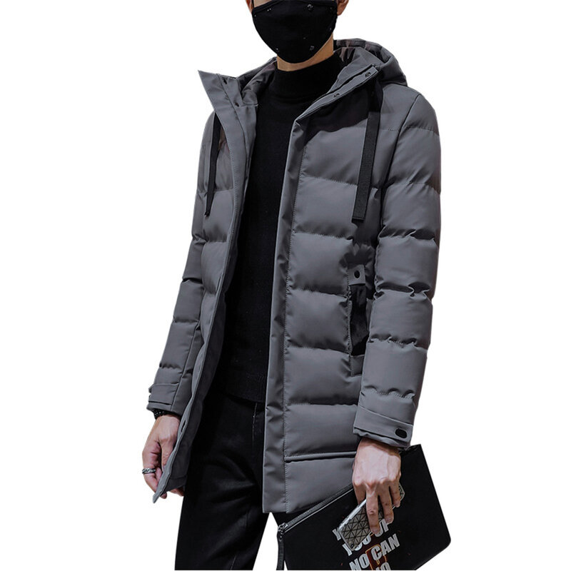 Мужская Повседневная парка, модные однотонные облегающие куртки с капюшоном, длинные толстые теплые мужские зимние пальто на молнии