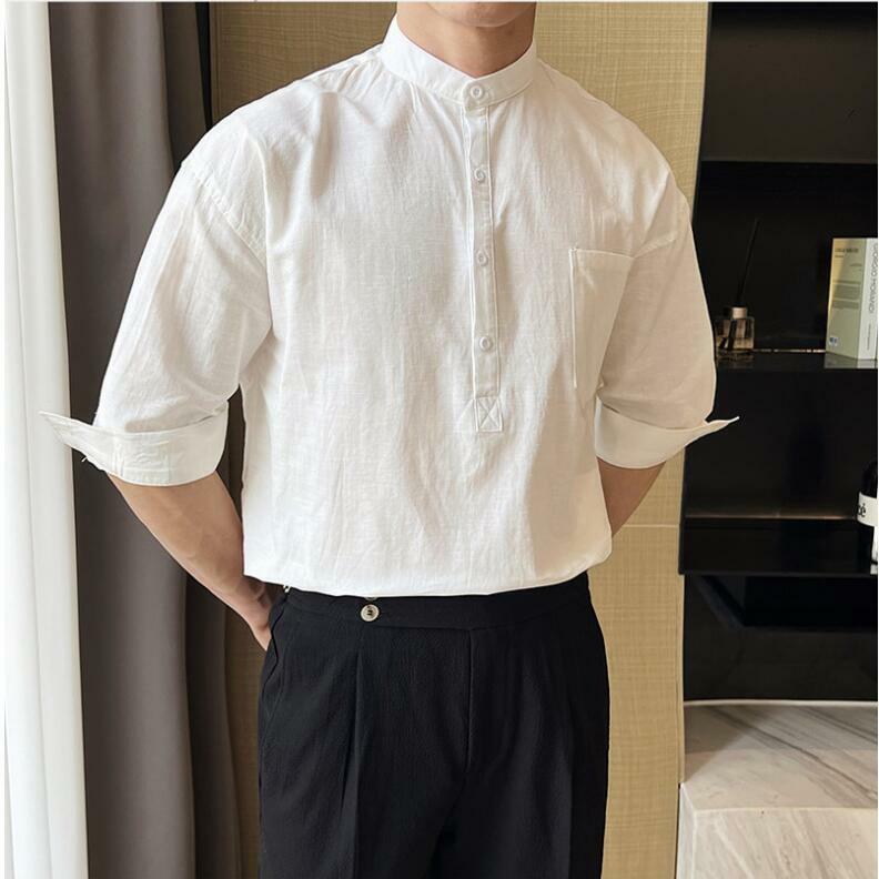 Men's Summer Half Sleeve Linen Shirts Male Slim Fit Business Station Collar Solid Color Cotton Linen Shirts 3XL-M