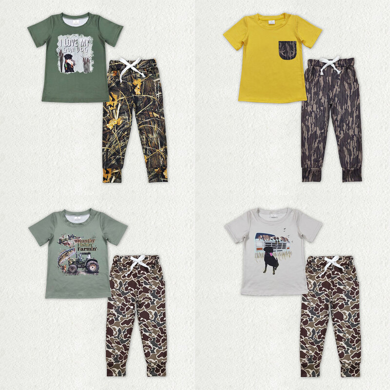 Рубашка с коротким рукавом и оленем для маленьких мальчиков, камуфляжные брюки с карманами, штаны, комплект одежды для малышей, оптовая продажа