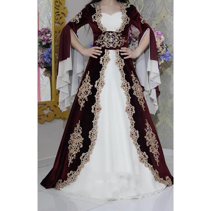 Gaun malam Muslim 2024 gaun Prom panjang bermanik emas lengan panjang leher-v A Line jubah gaun pesta dansa panjang