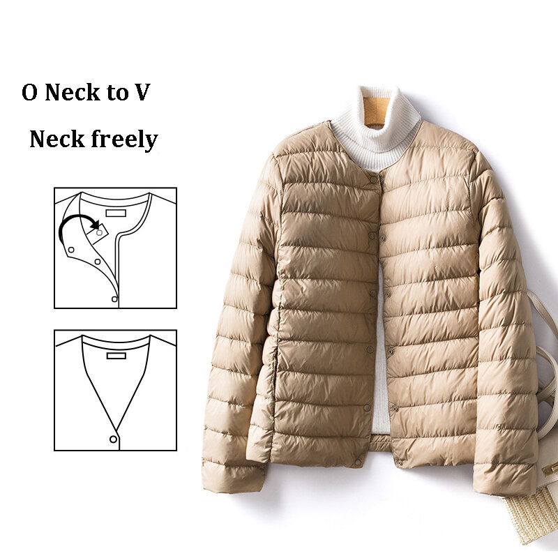 여성용 2022 단색 경량 다운 재킷, 버튼 짧은 라운드 넥, V넥 캐주얼 화이트 퍼퍼 재킷, 겨울 코트