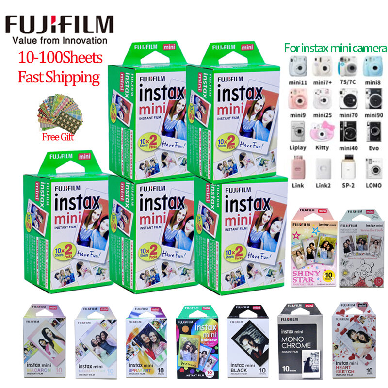 10 Sheets Fuji Fujifilm 3 Inch instax mini 12/11/9/40/90/link films white Edge for Instant Camera mini 8 9 11 7s 25  Photo paper