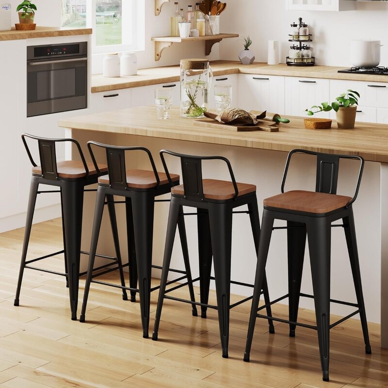 Café Furniture Sets, Back Barstools Metal Stool with Wooden Seat Counter Height Bar Stools, Matte Black Café Furniture Sets