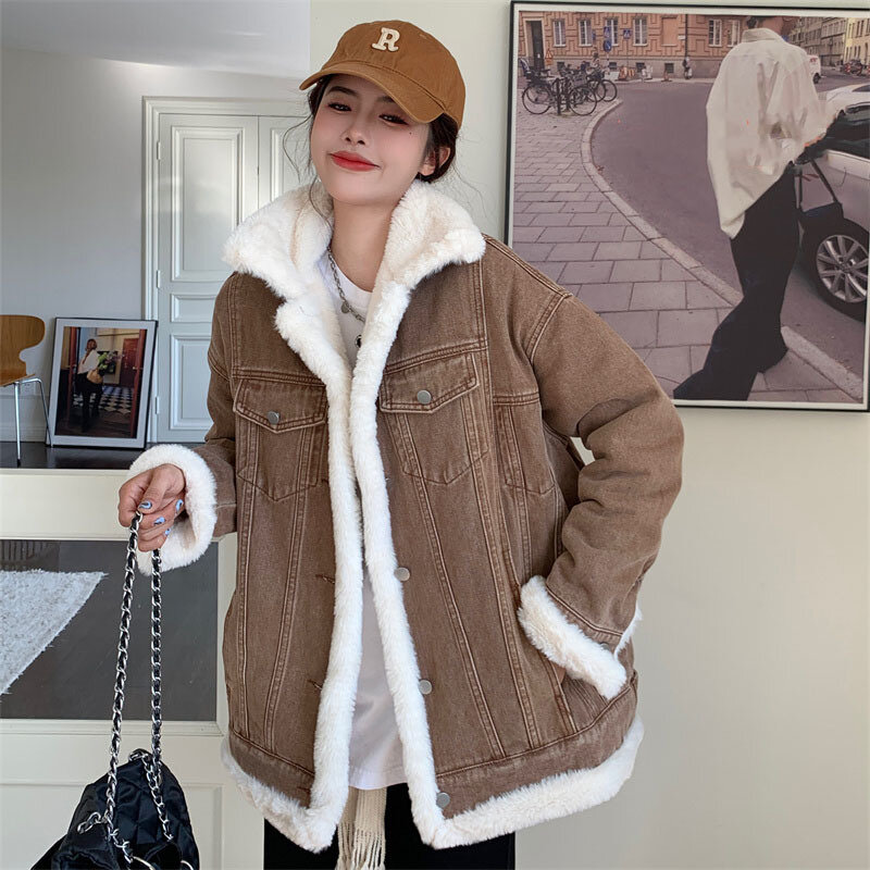 Jaket Denim wol domba untuk wanita, mantel Luaran dasar salju musim dingin hangat kasual gaya Korea musim gugur untuk wanita