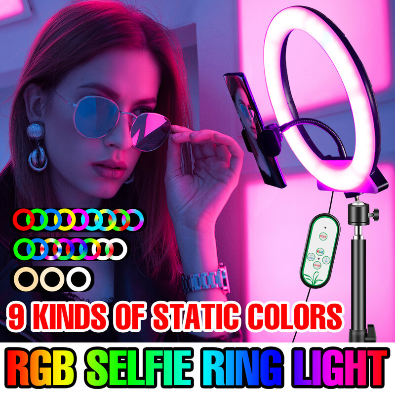 Anillo de luz LED para Selfie, lámpara de luz regulable RGB para vídeo de relleno, iluminación de fotografía en vivo con soporte para móvil, 26CM