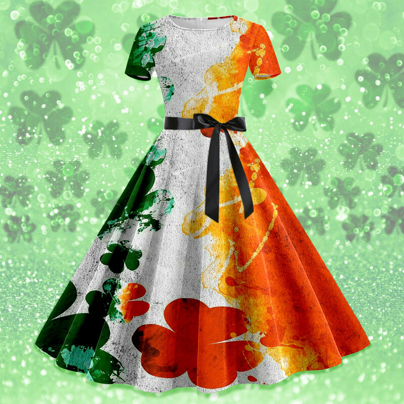 여성용 St Pa Day 프린트 반팔 드레스, 1950 년대 주부 이브닝 파티 무도회 미드 드레스, 여성용 캐주얼 랩 드레스, 여름