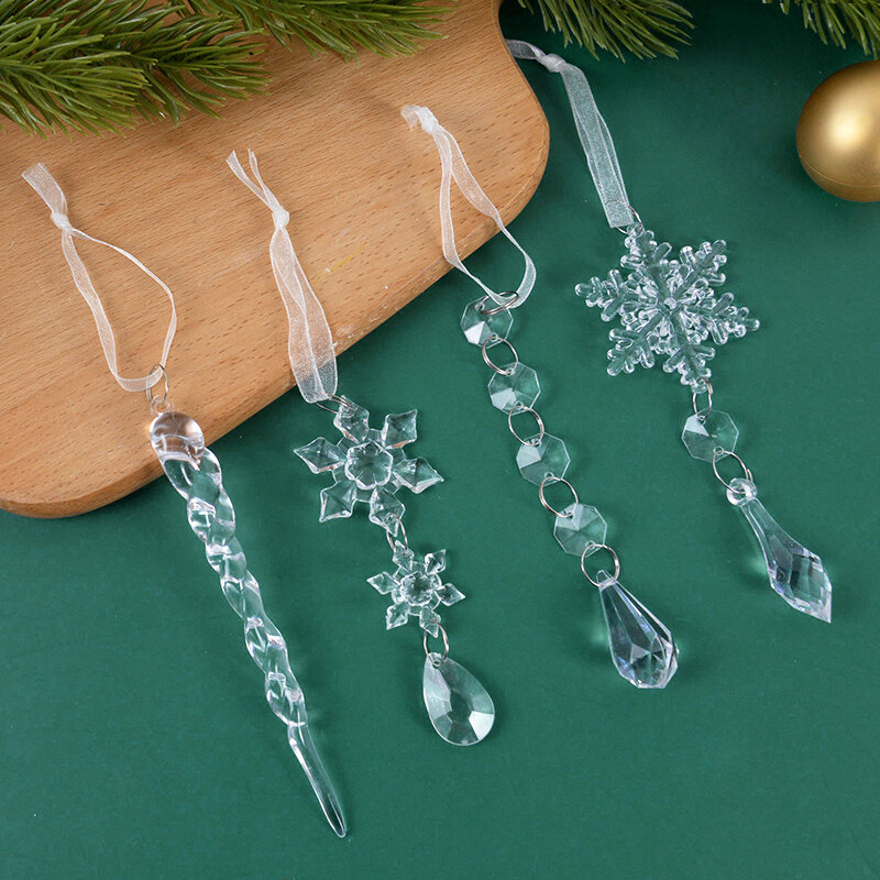 5Pcs Acrylic Snowflake Simulation Ice Pendants Xmas Tree Hanging Ornament 2023 Christmas Decorations for Home New Year Gift 2024