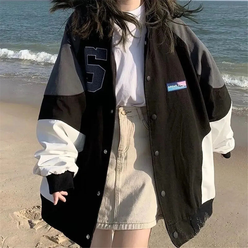Czarny, patchworkowy kurtka z kapturem Harajuku Streetwear damski Kpop kurtka bomberka jesień Vintage Casual gotycki damski Top główna ulica