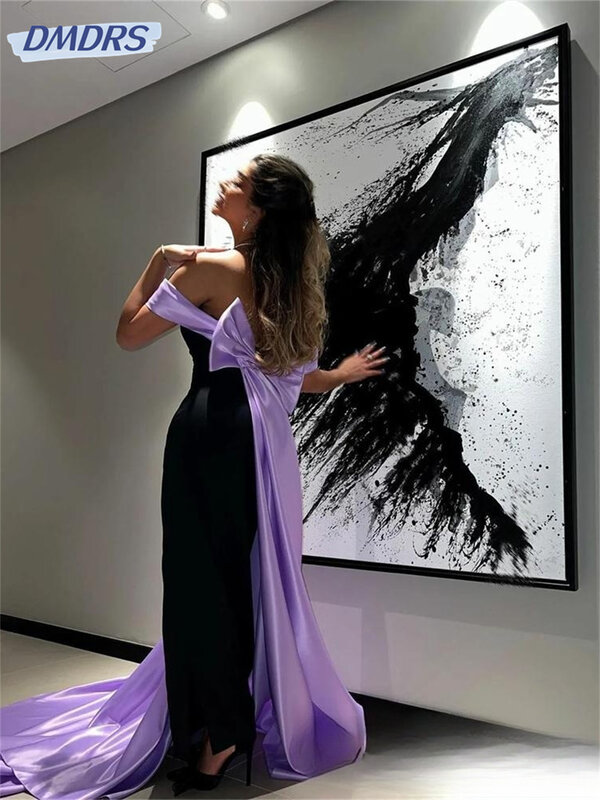 Gaun malam Satin hitam ungu dari bahu panjang busur panjang panjang lantai pesta Formal acara Prom gaun dengan kereta api