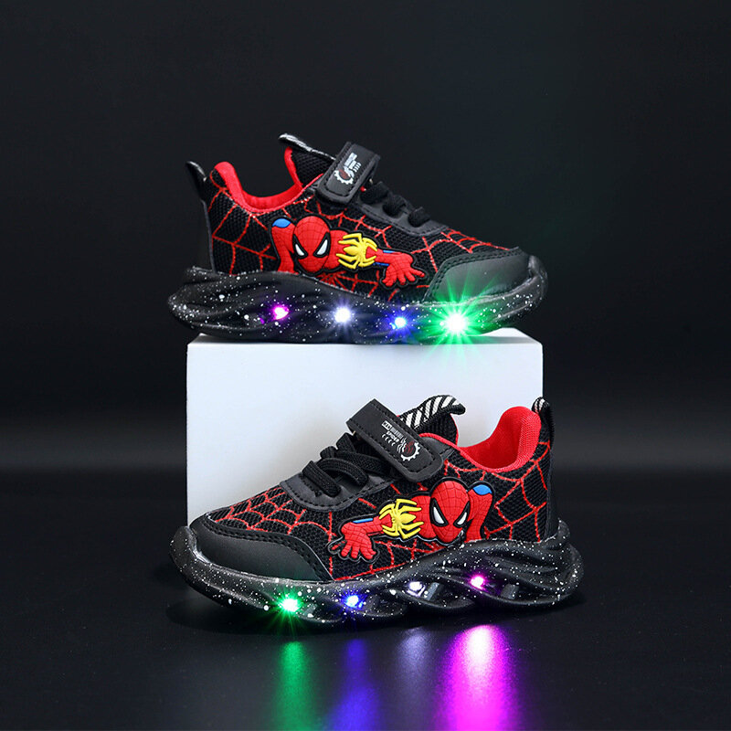Disney-zapatillas de deporte informales LED para niños, zapatos de malla antideslizantes iluminados para exteriores, Spiderman, rojo y negro, talla 21-30, Primavera