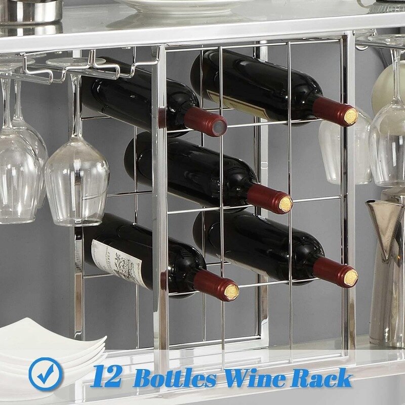 ASYA Wine Rack Table with Glass Holder, 3-Tier with Temered Glass Shelves, Modern Liquor Cabinet with Storage for Wine Bar