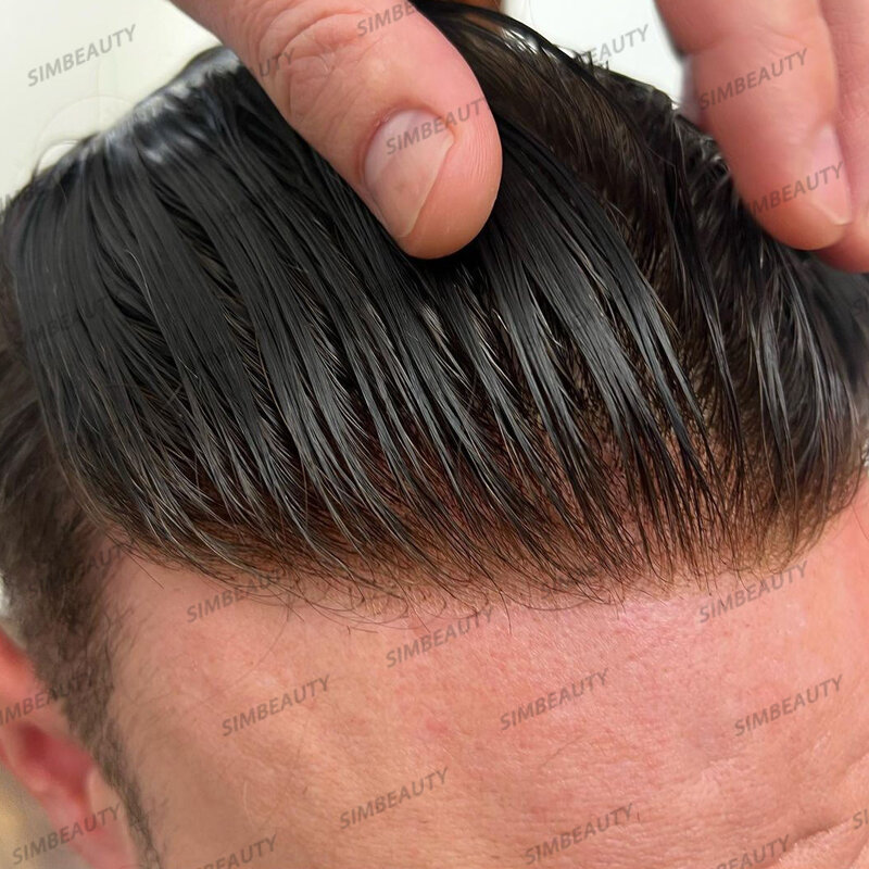 Q6 швейцарский парик из человеческих волос на передней и искусственной основе, мужской парик, темно-коричневый дышащий мужской парик, сменная система волос, капиллярный протез