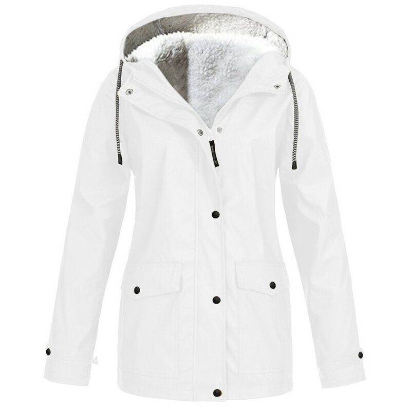 ポケット付きの女性用フード付きジャケット、防水オーバーコート、ジッパーフロントボタン、冬のアウトドアコート