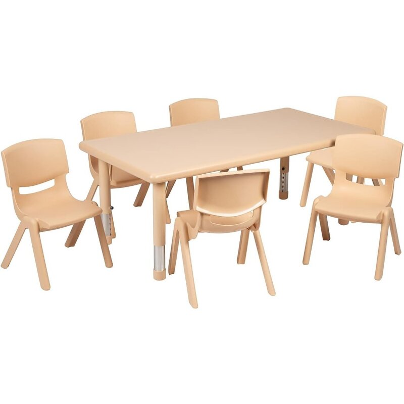 Juego de mesa y silla para niños, mesa y silla movibles rectangulares de plástico rojo, altura ajustable, con 6 sillas