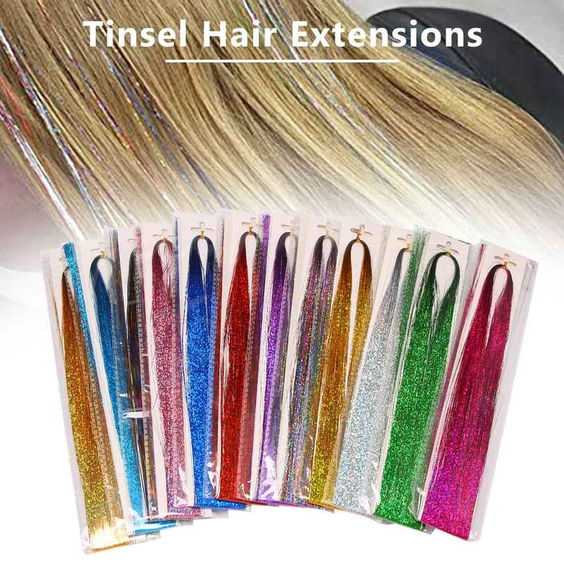 Hair Tinsel Strands Kit para Mulheres, Extensões De Cabelo, Cabelo De Fada, Ferramentas, 12 Cores