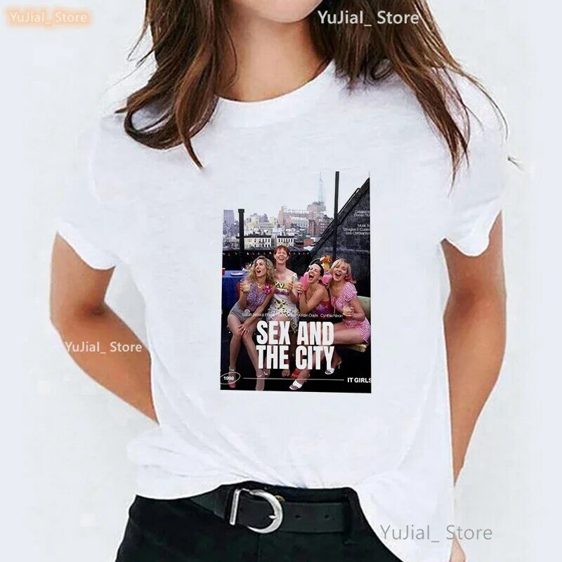 Camiseta Vintage para mujer, camisa con estampado gráfico de sexo y la ciudad, Tops de verano para mujer, camiseta blanca informal 2024