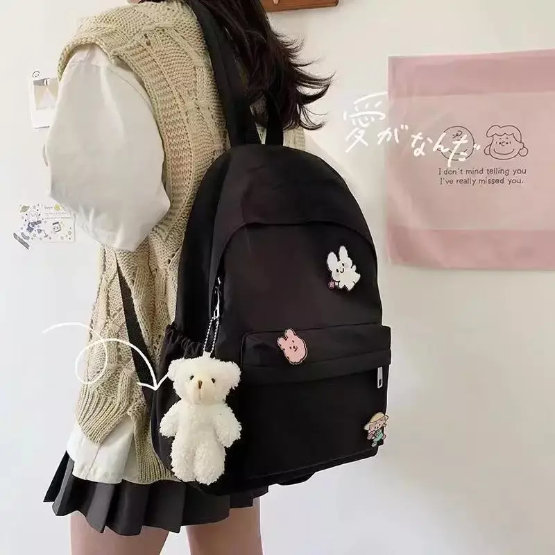School Bag Unisex Harajuku Large-capacity Backpack Ins Bear Pendant Letter Pattern Student Bag To Send Pendant and Badge