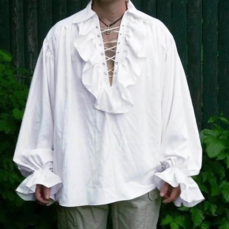 Мужская Блузка с оборками и длинным рукавом, со шнуровкой, средневековая рубашка в стиле стимпанк, Пиратская рубашка, косплей, принц, искусственный костюм, топы