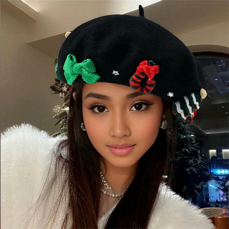 Bożonarodzeniowa czapka Beret emale zimowe nakrycia głowy sukienka na imprezę bożonarodzeniową prezenty na nowy rok słodka dziewczyna kobiety wełniana tweedowa Beret czapka