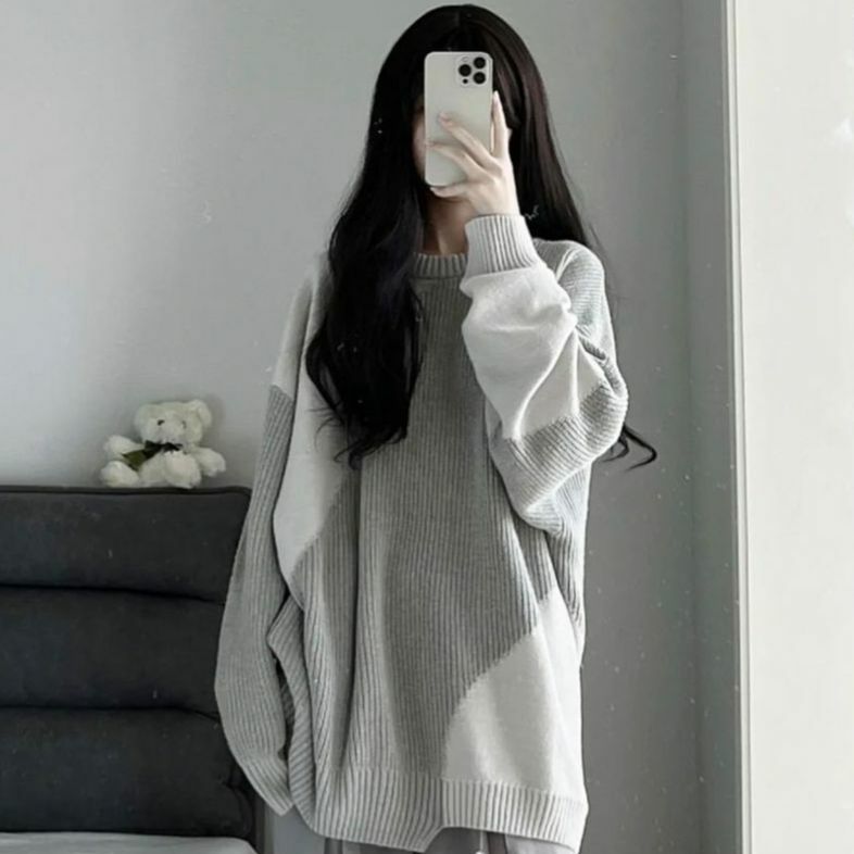 Korea Irregular Pullover Sweater Women Spring Autumn Solid Knitting Oversize Jumper 2022 New INS