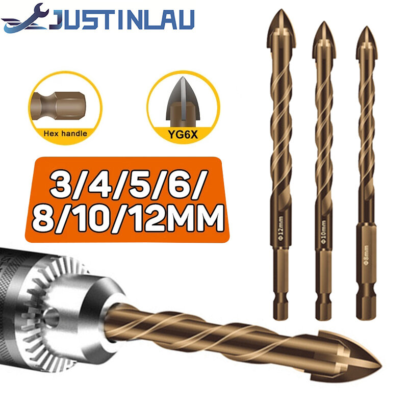 JUSTINLAU 4 to 8pcs/set Cross Hex Tile Bits Glass Ceramic Concrete Hole Opener Alloy Triangle Drill Size 3/4/5/6/7/8/10/12 mm