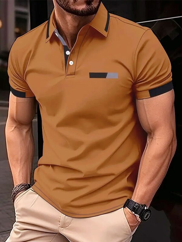 Men's Chic Color Block Short Sleeve Polo Shirt , Summer Outdoor Lapel Sports men polos Gift For Men EUROPEAN Measurement
