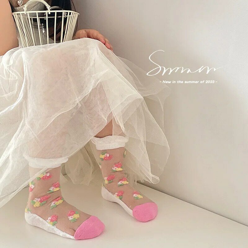 Mädchen Sommers ocken Mesh mit Baumwolle transparente Socken Baby süße Blumen Crew Socke 3 Paar