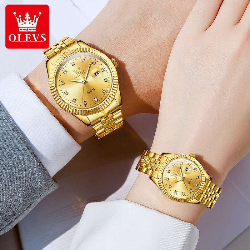 Olevs klassische Edelstahl Paar Uhr leuchtende Zeiger Datum Quarz Liebhaber gepaarte Uhr für Männer und Frauen Geschenk für Paar 5526