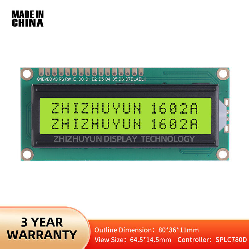 Écran matriciel LCD modulaire, approvisionnement direct d'usine, membrane jaune et verte, prenant en charge le contrôle du développement de solutions, 1602A, SPLC780D