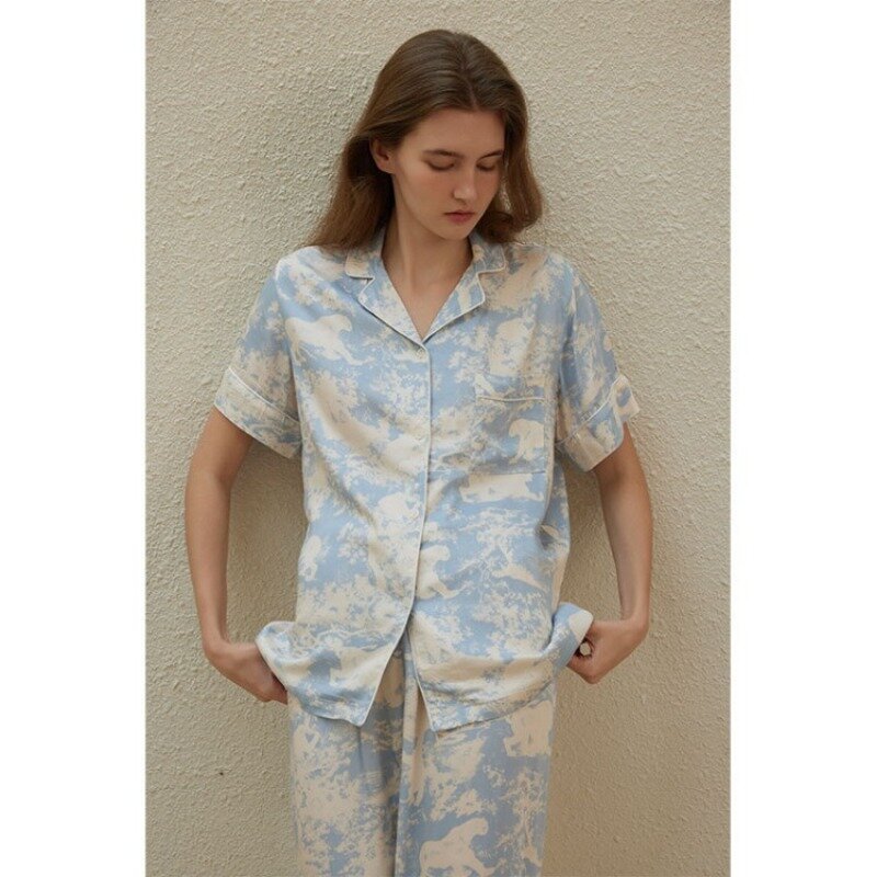 2024 Rayon Satin Fresh Sky Printed Silk Pajamas for Women Summer Short-sleeved Trousers Suit Home Clothes Viscose Loungewear