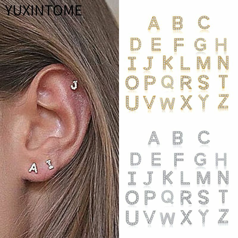 925 Sterling Silver Needle Initial Letter Earring For Women Micro Inlaid Crystal A-Z 26 Letters Stud Earrings Fashion Jewelry