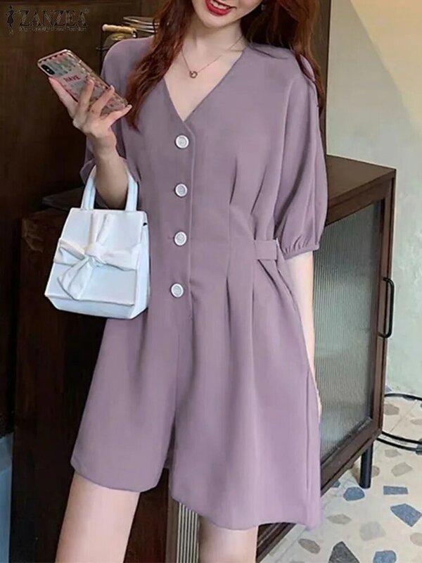 ZANZEA Short Jumpsuits Women Summer Short Sleeve V-neck Casual Playsuits 2024 Elegant Loose Pleated Solid Color Buttons Overalls
