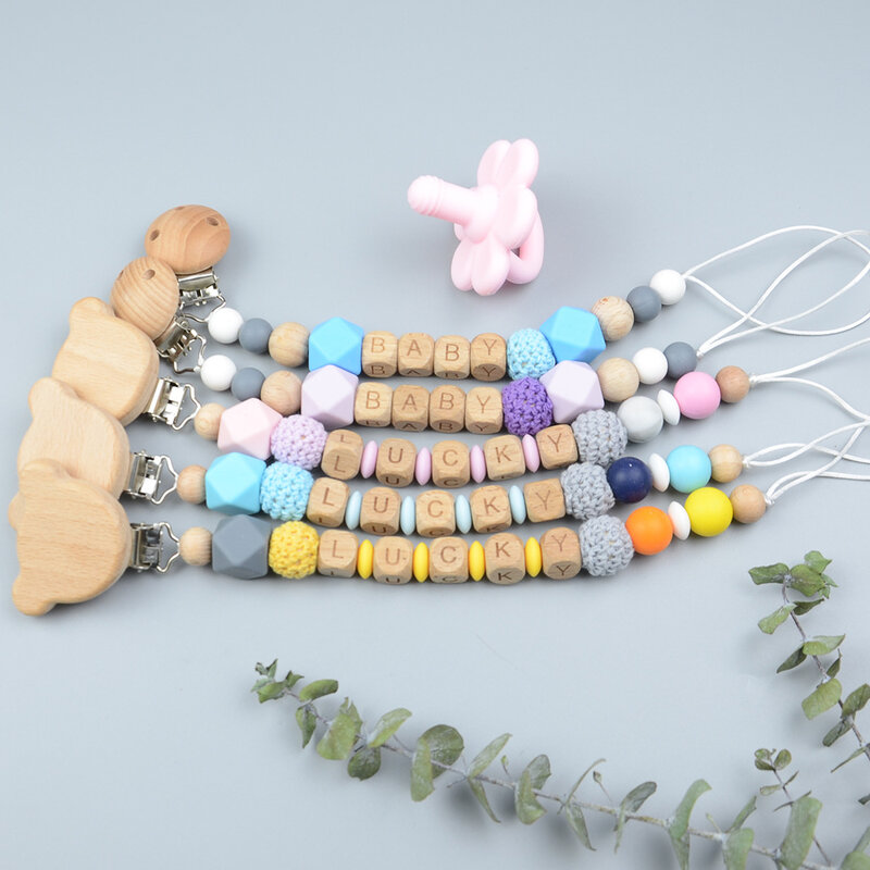 Personalized Name DIY Baby Pacifier Clips Wooden Bear Dummy Nipples Holder Clip Chain Teething Toys Accessories Infant Feeding
