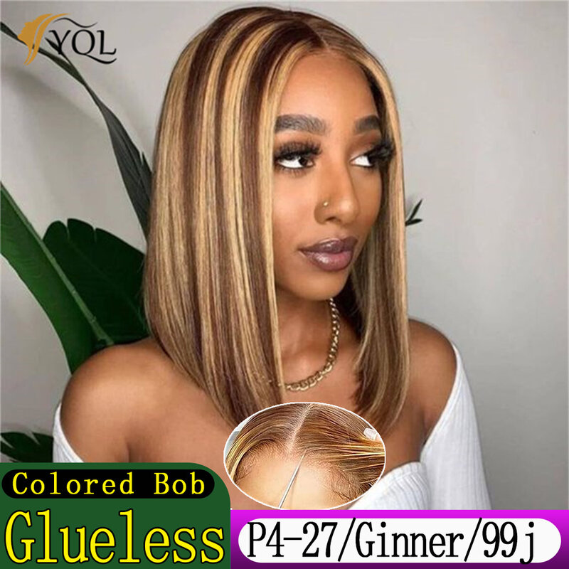 Highlight Glueless Wigs Ready To Wear Short Straight Bob Wig Transparent 4x4 Lace Closure Human Hair Wig For Women Human Hair