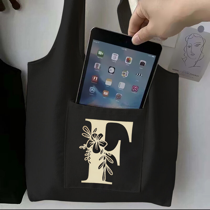 Bolso de mano de lona con estampado de letras doradas, bolsa de tela reutilizable con estampado de dibujos animados, de hombro, color negro