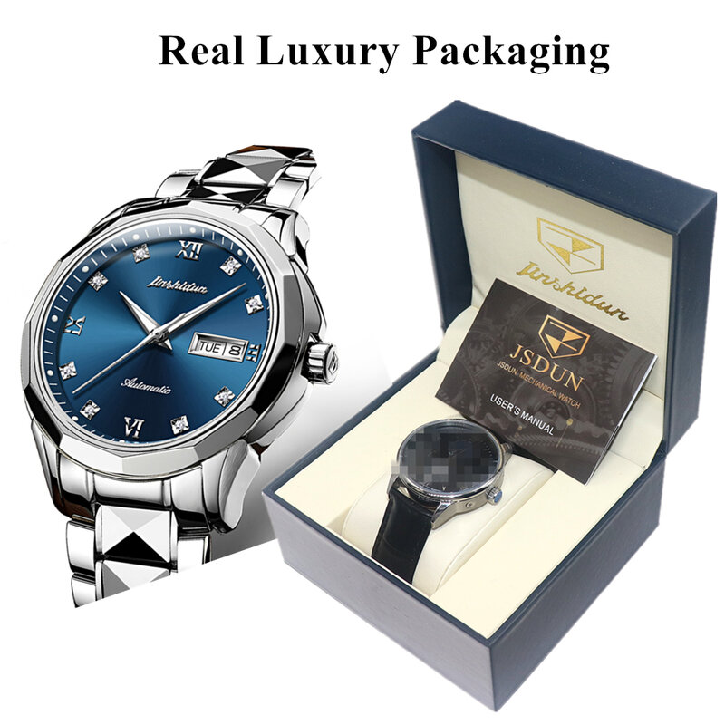 JSDUN Automatic Watch Men Original Luxury Tungsten Steel Strap Sapphire Mirror Waterproof Male Wristwatch Gift for Husband 8813