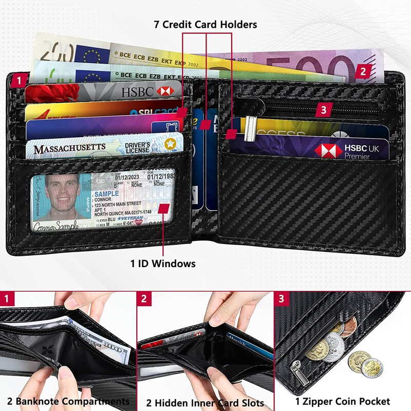 Teehon nowy portfel biznesowy, blokowanie RFID wiele kart z zamkiem błyskawicznym moneta klip portfel męski moda moneta torebka
