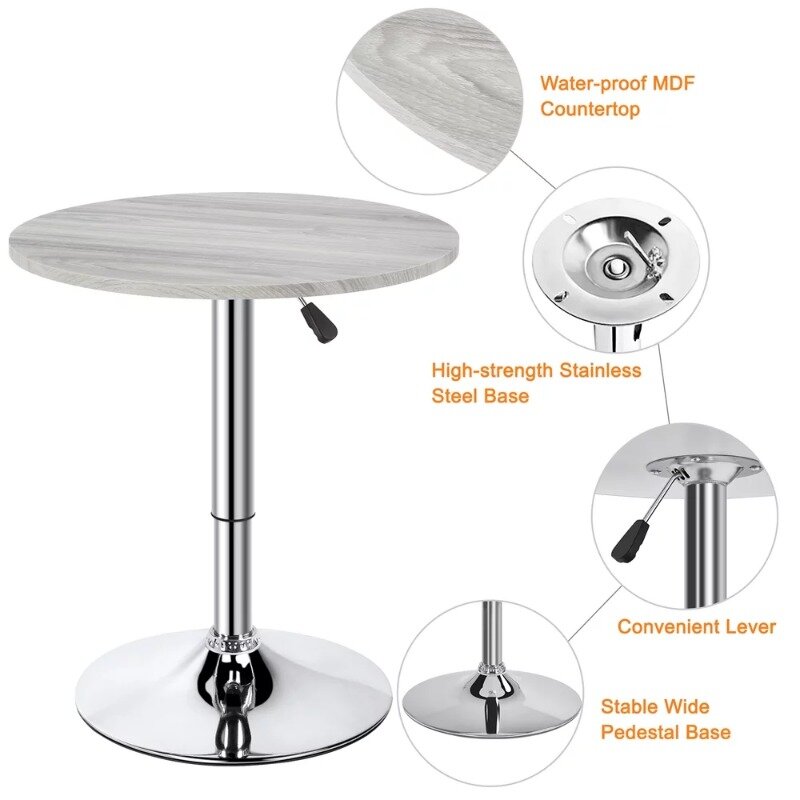 Height Adjustable Pub Round Table 360° Swivel for Bistro Café Home Bar, Gray
