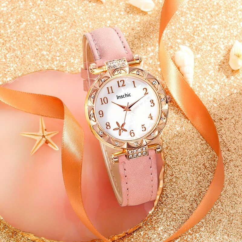 6pcs/set Women's Round Dial Watch Rhinestone Women's Watch Starfish Pattern Pink Belt Quartz Watch Pink Heart-shaped Jewelry Set