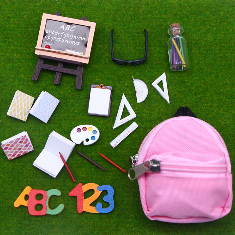 1Set 1:6 miniatur rumah boneka suplai alat tulis sekolah penggaris tas sekolah pensil pemegang papan tulis kacamata Model mainan Dekorasi