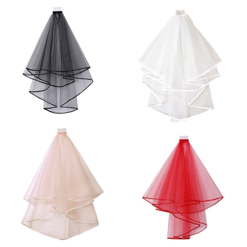 Double Layer Mesh Tulle Solid Color Women Short Wedding Veil with Comb Ribbon Edge Center Cascade Bride Headpiece Party