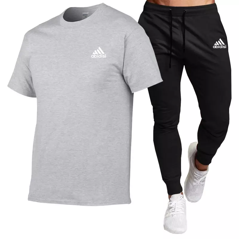 Лето 2024, модный Удобный мужской костюм, хлопковая футболка с коротким рукавом + черные слаксы, повседневная спортивная одежда из 2 предметов