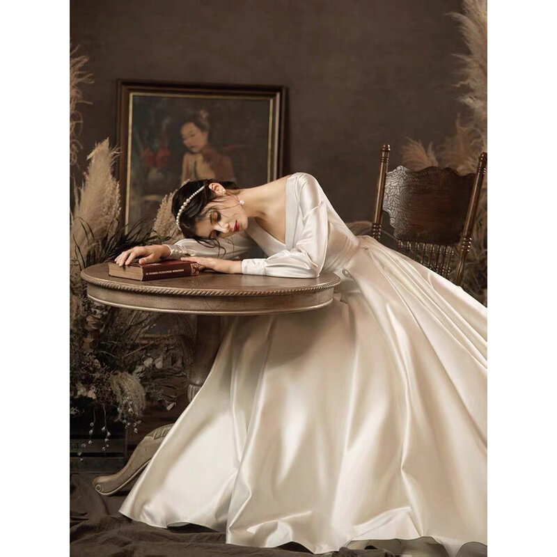 vestidos de novia de satin elegantes Backless pearls Wedding Dress Full sleeve Custom Made Bridal Ball Gown Dresses For Women