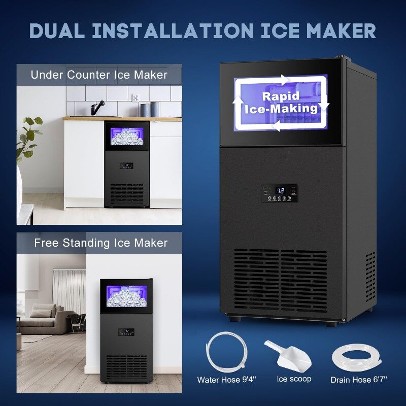 Upgraded Commercial Ice Maker 130LBS24H with 35LBS Storage Bin,15 Wide Frosted Black Undercounter/Freestanding Ice Maker Machine
